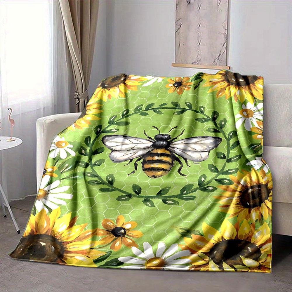 1pc Bee Sunflower Blanket, Lightweight Flannel Throw Blanket for Sofa, Bed, Travel, Camping, Living Room, Office, Couch, Chair, a0922074