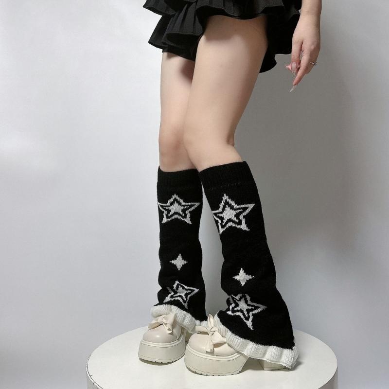 Punk Women Leg Warmers Japanese Aesthetic Star Pattern Flared Knitted Foot Cover Ruffle Trim Long Stockings Streetwear