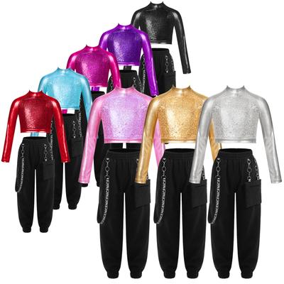 Kids Girls Long Sleeves Mock Neck Crop Top and Cargo Pants for Modern Jazz Hip Hop Dance