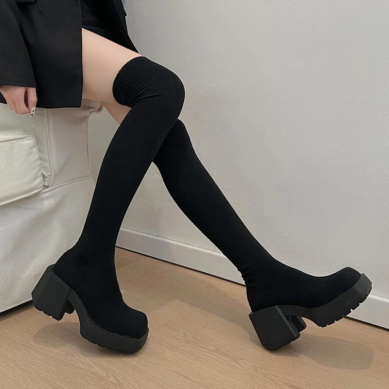 Fashion Women's New Spring Autumn Elastic Socks Boots Long Tube Over Knee Thick Heel Slimming Knit Socks Shoes Polyurethane Sole Rubber
