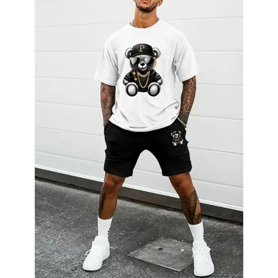 New Fashion Bear Print T-Shirt and Shorts Two-Piece Summer Mens Comfortable Casual Sportswear Loose Adjustable Drawstring Shorts