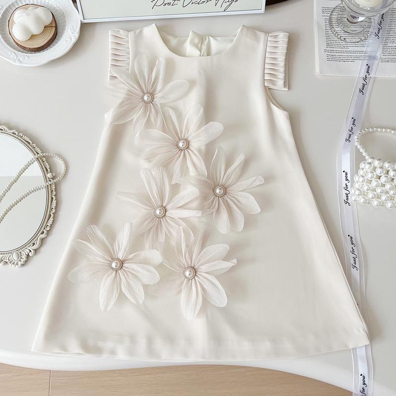 2026 Korean-Style 3D Petal Pleated Sleeveless Satin Dress for Girls