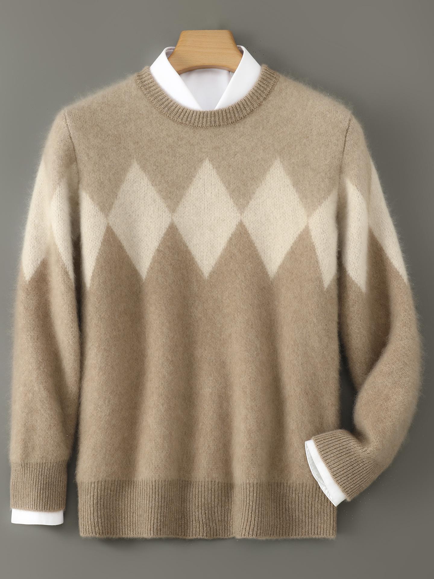 Мужской свитер 100% чистая шерсть, двойная нить, ромбовидный узор - Круглый вырез, Теплый, Свободный, Цветные блоки, Вязаный. XL