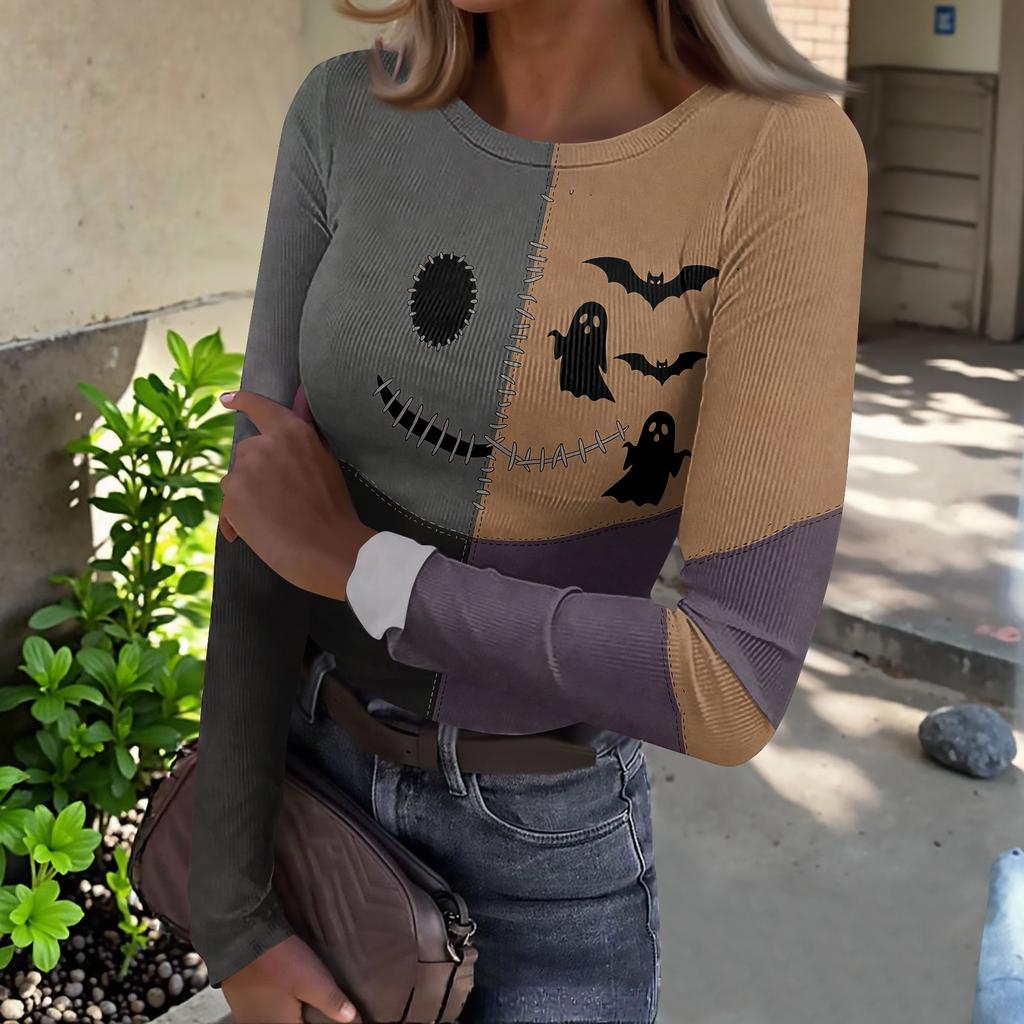 Women Halloween Print Long Sleeve Slim Fit Crew Neck Base Shirt Stretchy Ribbed Fabric Casual Top for Autumn and Winter