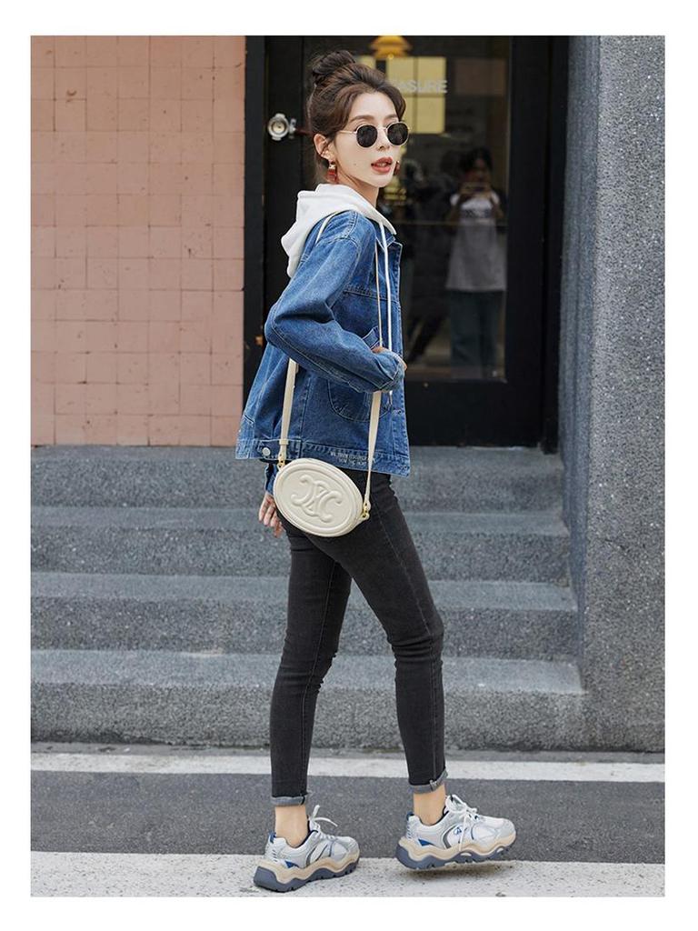 2024 Frühling/Herbst Damen Lockerer Kapuzen-Zwei-in-Eins Jeansjacke - Große Größe Studenten-Top