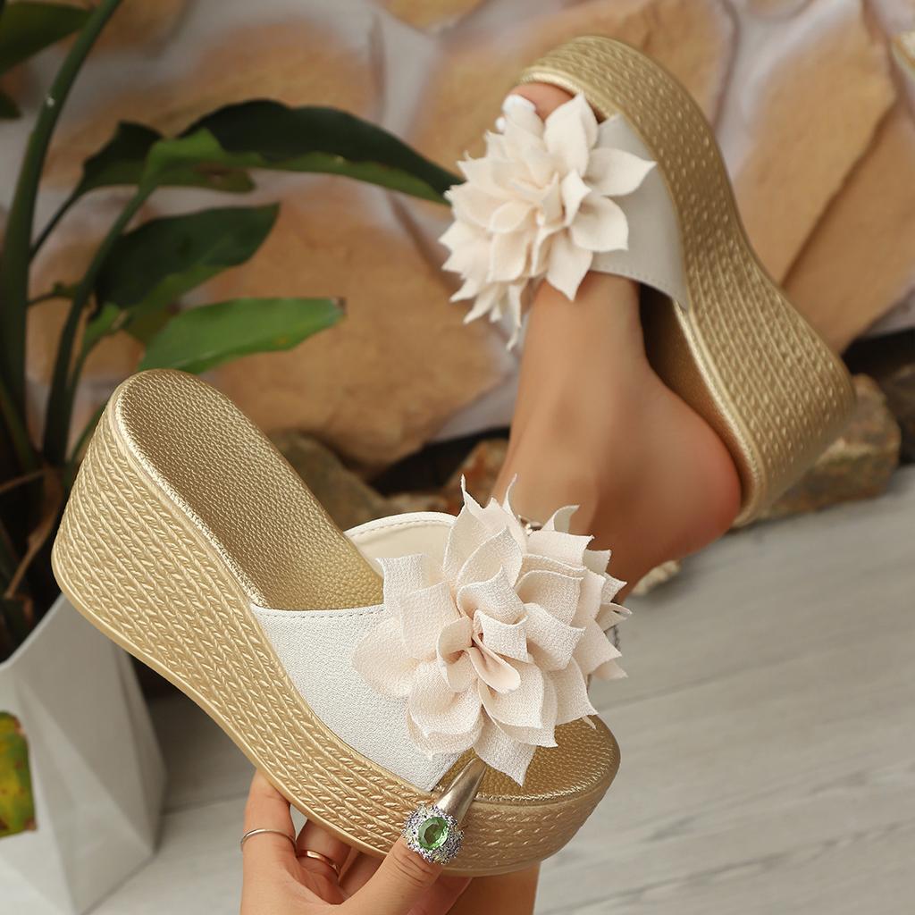 Fashion 2025 New Wedges Sandals Women Slippers Summer Beach Platform Shoes Flower Round Solid Color Women High Heel Slippers Women