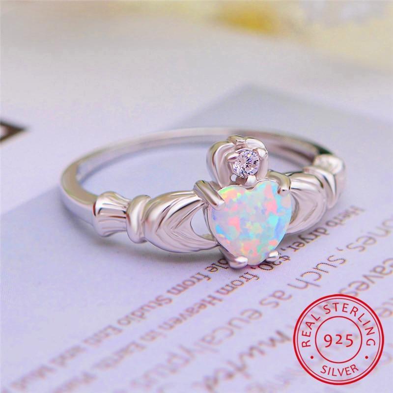 

Real Women Sterling Color Claddagh Finger Ring Cute Love Heart Crown Rings Nuptial Bridal Bands Blue White Fire Opal Finger Ring Jewelry 6