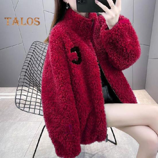 Winter Lady Coat Thickened Double-sided Faux Fleece Solid Color Stand Collar Neck Protection Letter Decor Long Sleeves Keep Warm Outdoor Travel