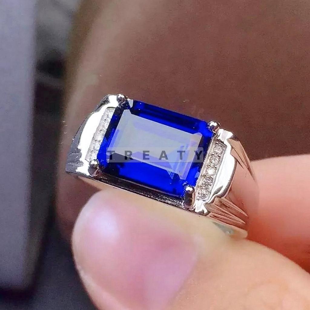 Blue Sapphire Emerald Cut Gemstone With 925 Sterling Silver Ring For Men's #20 JL375718167288