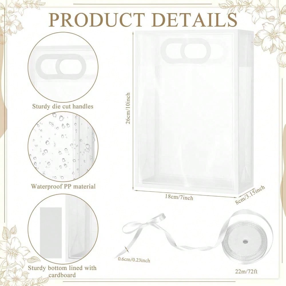 10pcs Clear Plastic Gift Bags with Handles 7"x10"x3.2" Reusable PP Favor Bag with Ribbon Transparent Plastic Gift Bags