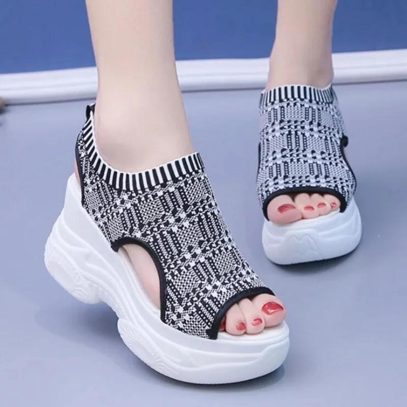 Sandali da donna estivi con zeppa, in tessuto elastico, con copripiedi, sandali da donna, suola spessa, alla moda, scarpe casual da urlo