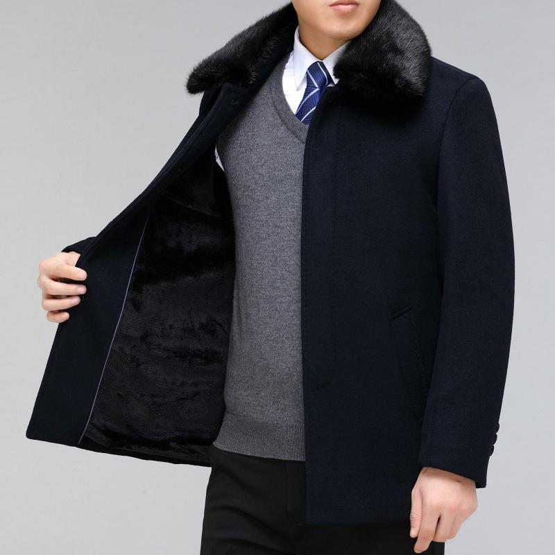 Middle-aged and elderly men's short cashmere coat daddy's winter plush woolen windbreaker lapel with fur collar coat