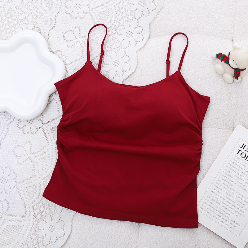 Women's Pleated Camisole: Fresh Design, Slim-Fit, with Chest Pads, Versatile for Outer or Base Layer, Summer-Perfect with Stylish Back