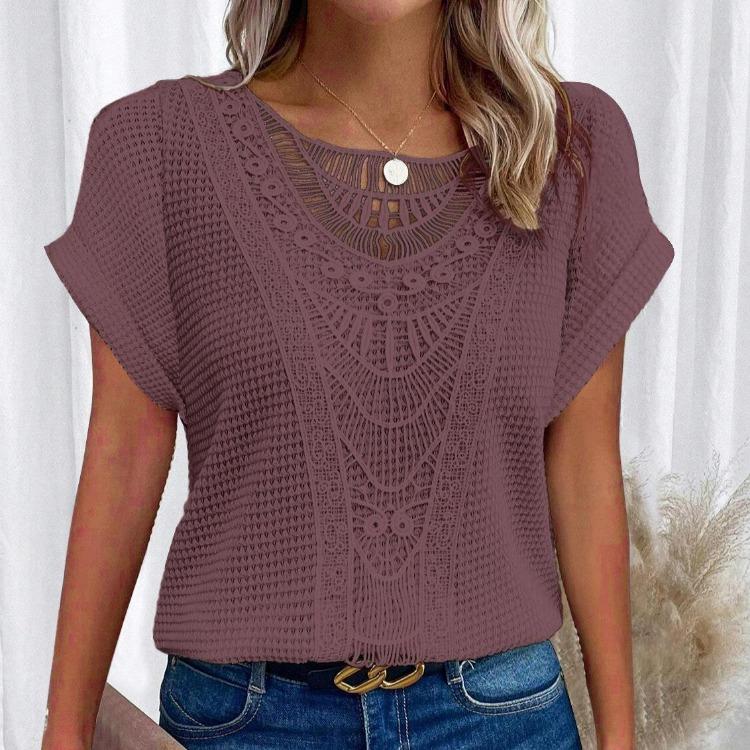 Women Casual Summer Short Sleeve Crew Neck Lace Splicing Top Tshirt