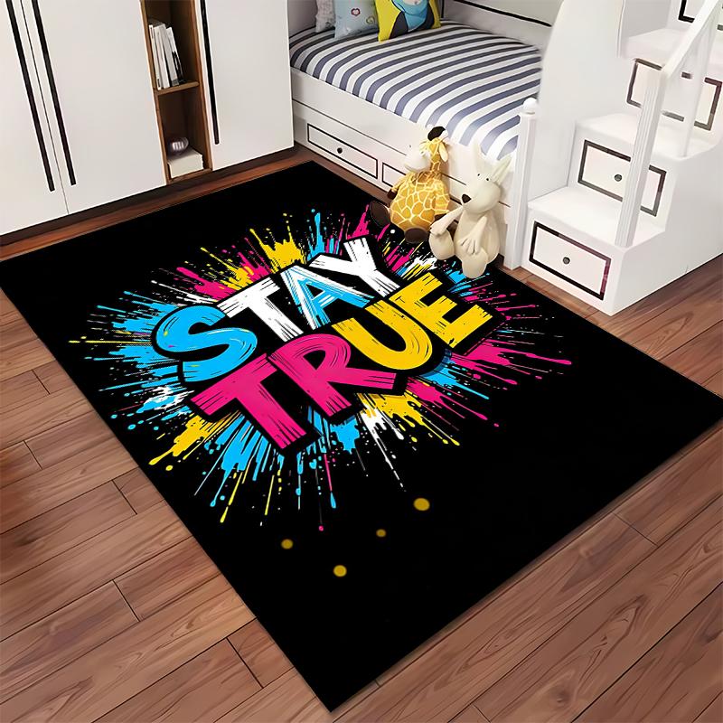 Colorful "Stay True" Graffiti Art Carpet, Black Background, Modern Style Suitable for Use As an Anti-slip for Living Room Bedroom Sofas