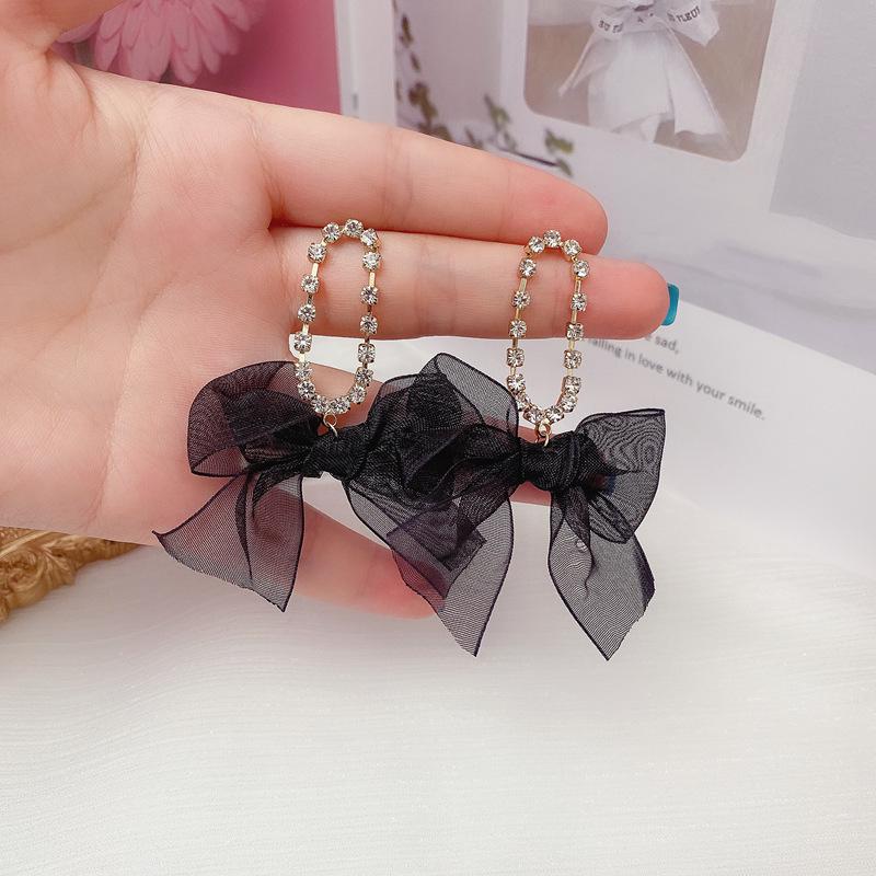 925 Sterling Silver Rhinestone Bowknot Retro Hong Kong Style Dangling Earrings for Women