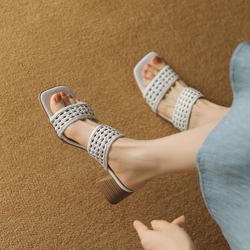 Krazing Pot Klapki z naturalnej skóry z odkrytymi palcami na średnim obcasie, buty letnie, dekoracja pleciona w stylu rzymskim, sandały damskie