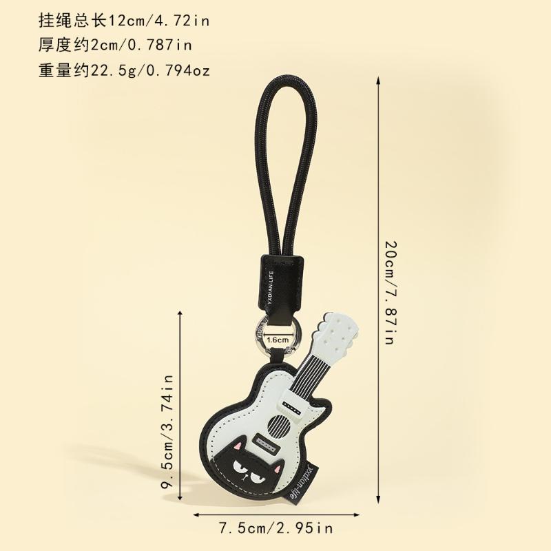 

New Cute Cat Guitar Keychain Cartoon Violin Piano Cat Keyring PU Leather Bag Charm Pendant for Music Lovers Gift