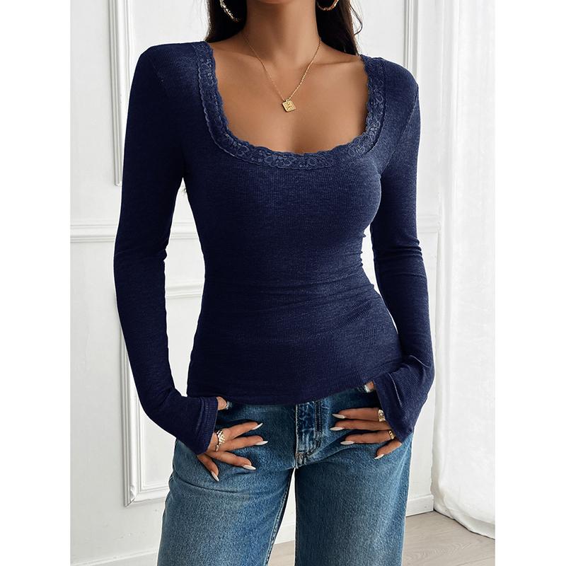 Spring/Summer Solid Color Top for Women Casual Slim Fit Ribbed U-Neck Lace Long-Sleeve T-Shirt