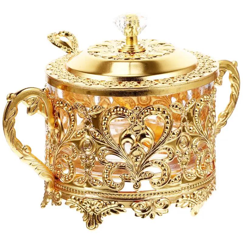 Barattolo Zucchero Caramelle Ciotola Contenitore Condimento Contenitore Sale Vintage Scatola Condimento Oro Piatto Decorativo Pepe Coperchio Cucchiaio Tè
