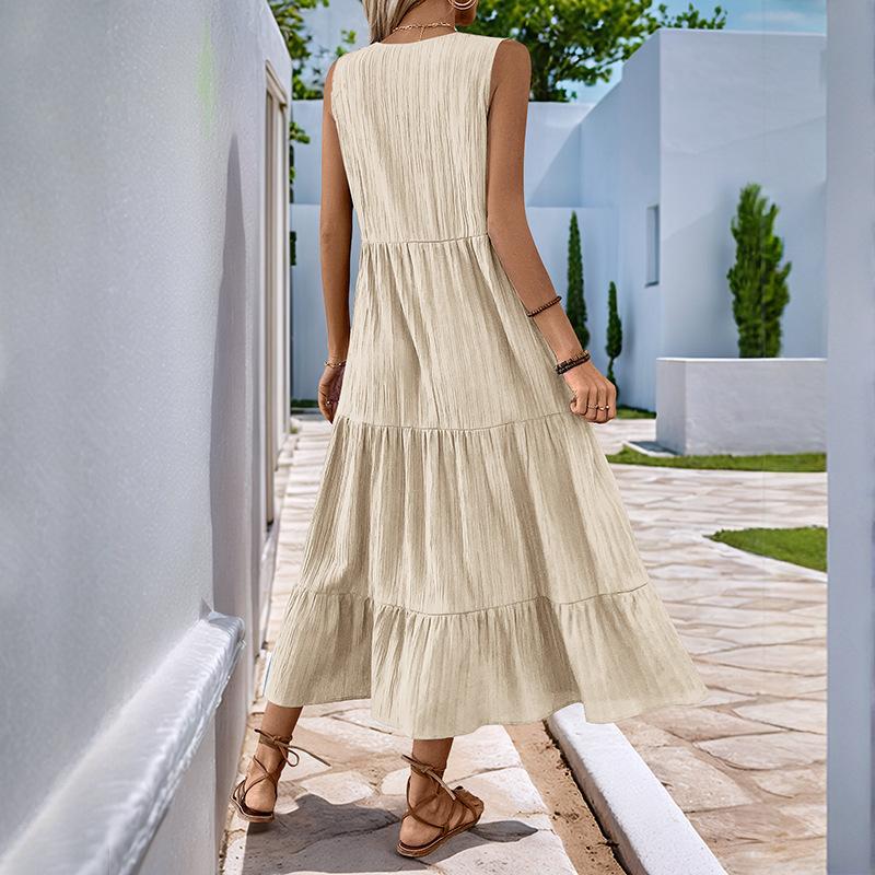 Lässiges Urlaubskleid Sommer Neu Europäisch und Amerikanisch Grenzüberschreitend Einfarbig V-Ausschnitt Texturkleid