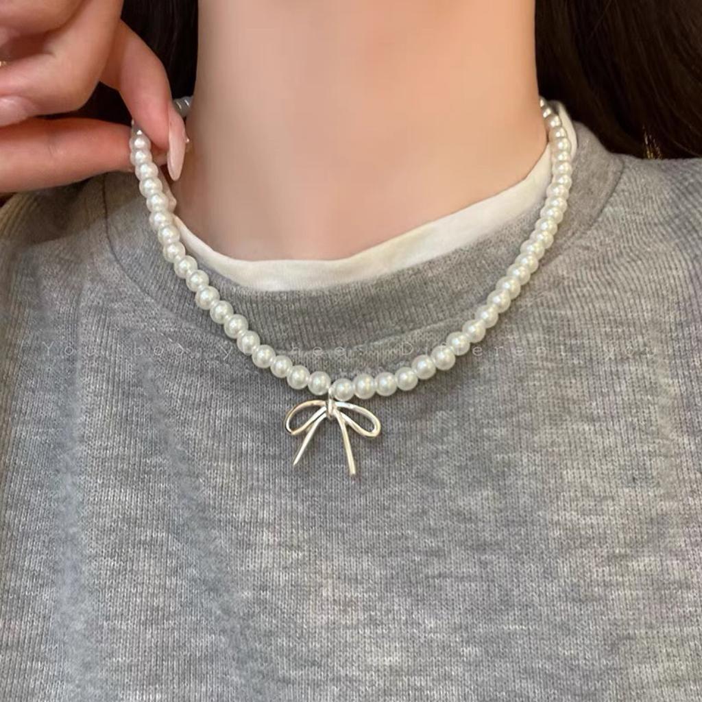 Bow Pearl Double-Layer Necklace 2024 Hot Clavicle Chain High-End Light Luxury Niche Necklace Accessory for Women