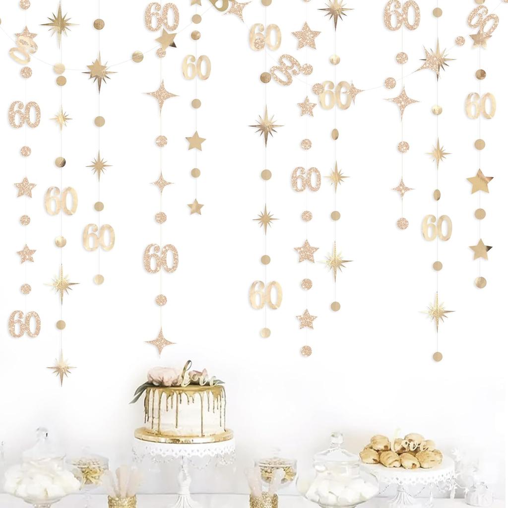Champagne Gold 60th Birthday Decorations Number 60 Circle Dot Star Garland Metallic Streamer Banner for Women Mens Cheers to 60 Years Old Birthday