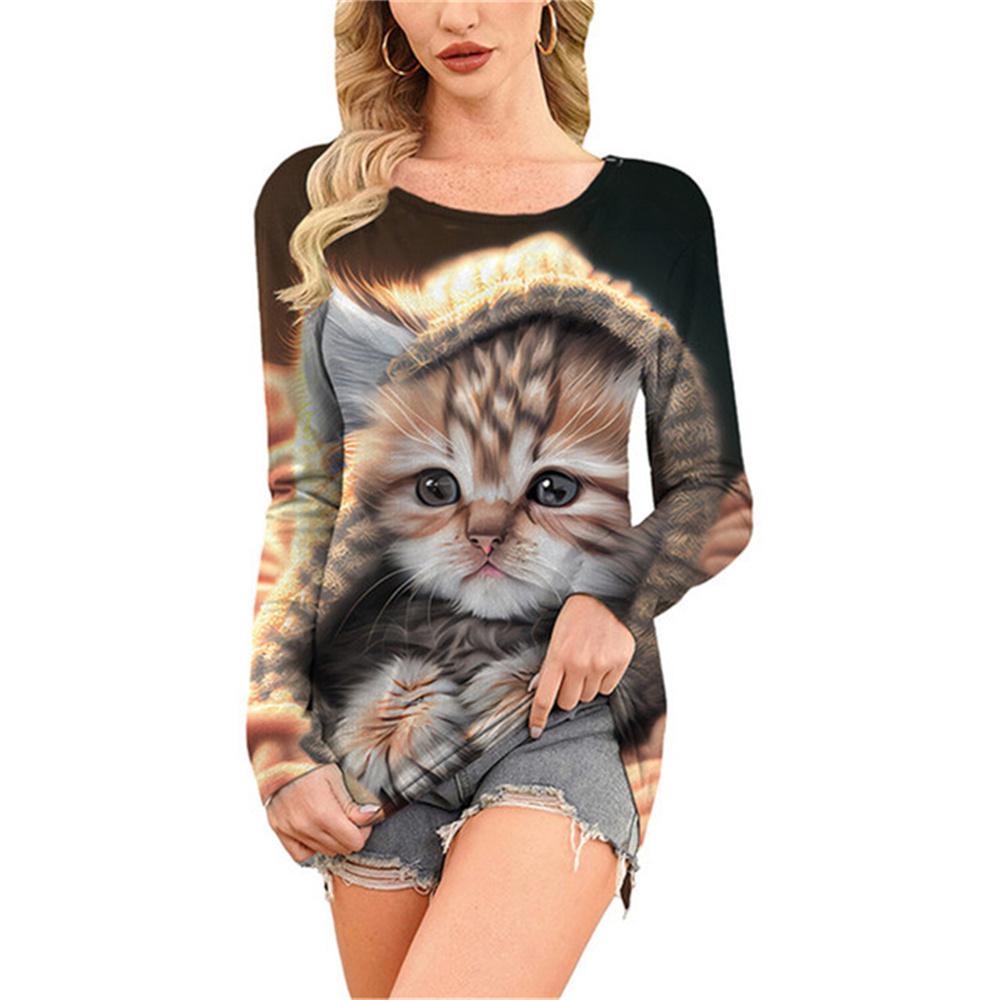 Модная удобная универсальная женская футболка с принтом мультяшного кота с круглым вырезом — фото 7