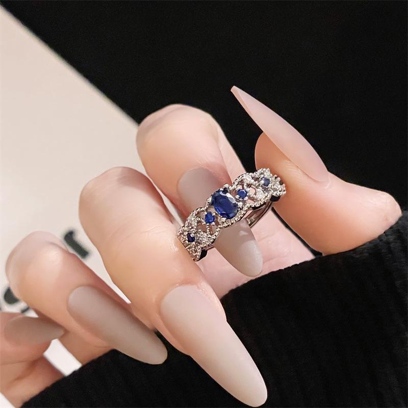 Aquamarine Series Open Ring Inlaid With Zircon Color Treasure Exquisite Light Luxury Cold Wind Temperament Ring Woman