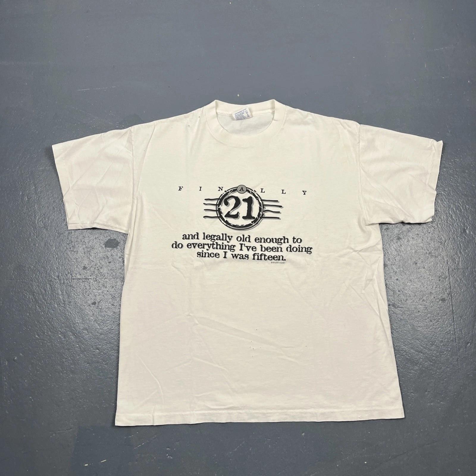 Vintage 90s “Finally 21” Single Stitch Tshirt White XL THRASHED Humor Funny VTG 3XL