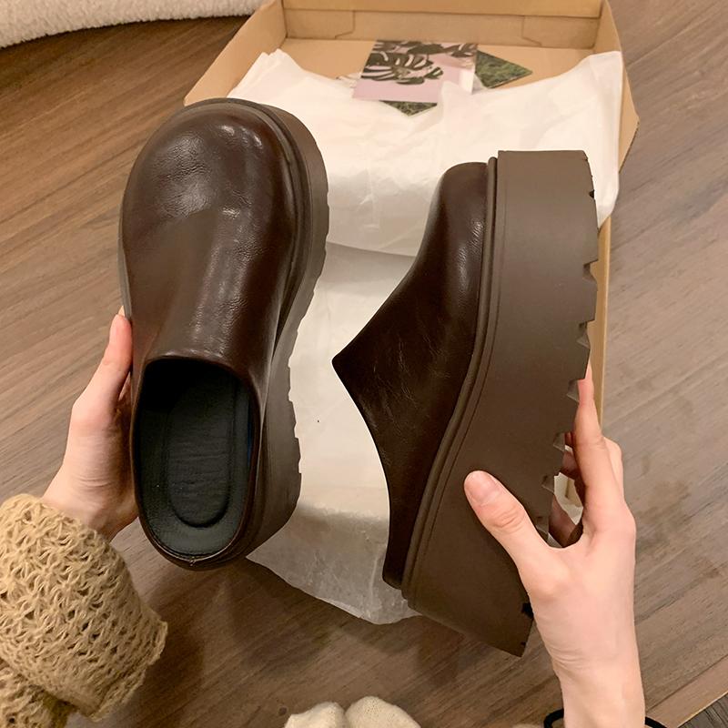 

2026 New Spring Platform Women Mules Slippers Elegant Height Increase Dress Slides Ladies Concise Cover Toe Slip On Shoes 35 коричневий