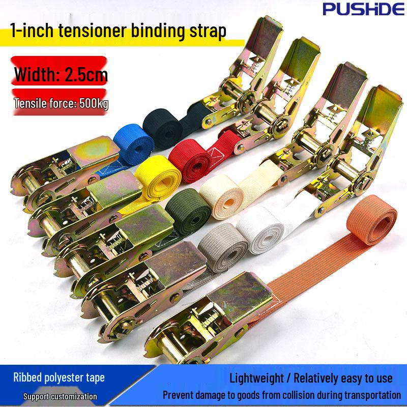 1-Inch Hookless Ratchet Tensioner, Multi-Color Polyester Rope Tightener for Cargo and Pallet Securing.