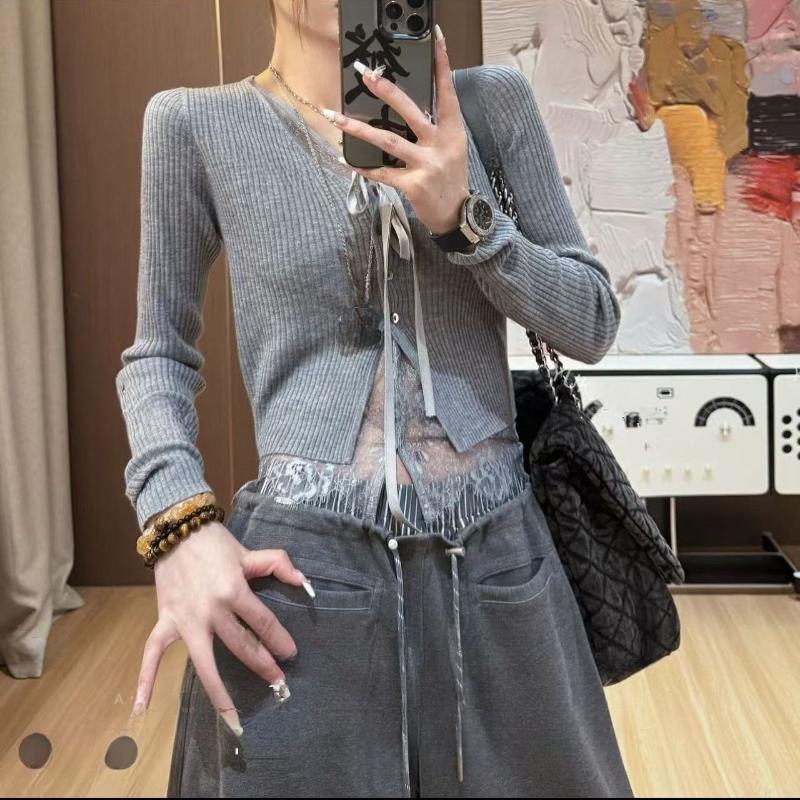 Two-piece Lace Spliced Knitted Cardigan for Women in 2025 Autumn New Slim Long-sleeved Jacket