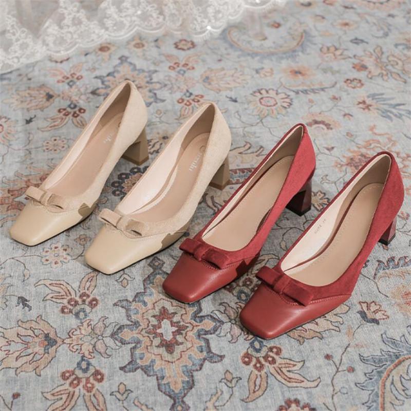 2026 High Heels Luxury Women Shoes Square Head Single Shoes Thick Heel Bow Decoration Simple Stitching Leather Shoes