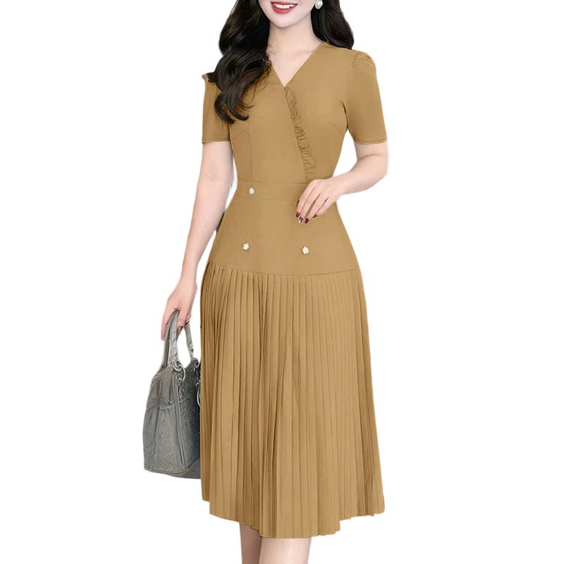 

ZANZEA Женское повседневное летнее платье с V-образным вырезом, короткими рукавами и плиссированным подолом 5XL хаки