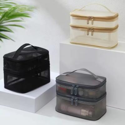 Double Layer Mesh Handheld Makeup  Wash Bag Women's Multi Functional Portable New Large Capacity Storage Bag Cosmetics Kit Bag