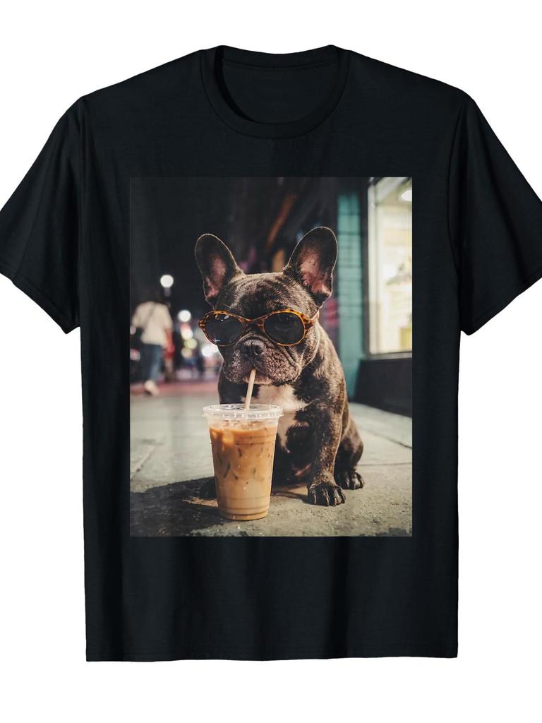 1PC French Bulldog Drinking Iced Coffee Funny Animal T-Shirt,Casual Attire, Machine Washable Te