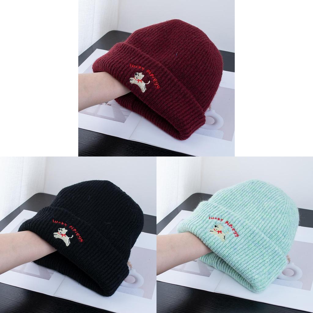 Knit Hat With Embroidered Dog And Alphabet Letters For Winter Warmth And Casual Style