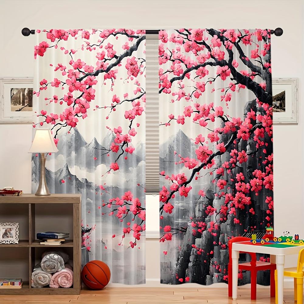 2 Panels Cherry Blossom Curtains Oriental Ink Painting Mountain Landscape Printed Polyester Living Room Bedroom Window Drapes