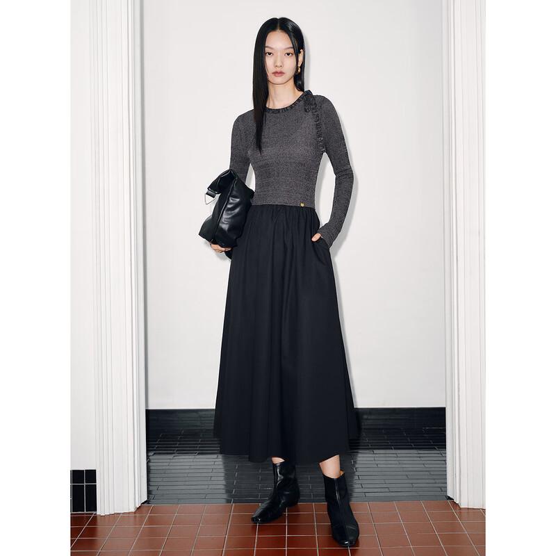 

PEACEBIRD Women s French Style Knitted Splice Long Sleeve Dress L