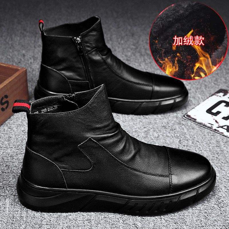 Black Martin Boots Men's Boots Men's British Style Autumn Fleece Warm Non-Slip Chelsea Medium Top Short Leather Boots