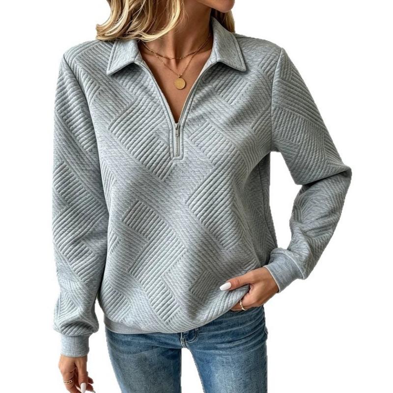 Casual Women S Loose Fit Long Sleeve Half Zip Polo Neck Solid Color Sweatshirt
