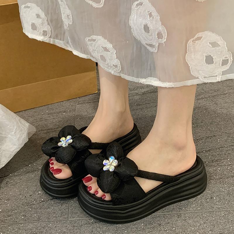 Fashion Women's Platform Slippers Fashion Round Head Open Toe Crystal Flower Satin Soft Sole Anti-slip Wear Heel Shoes
