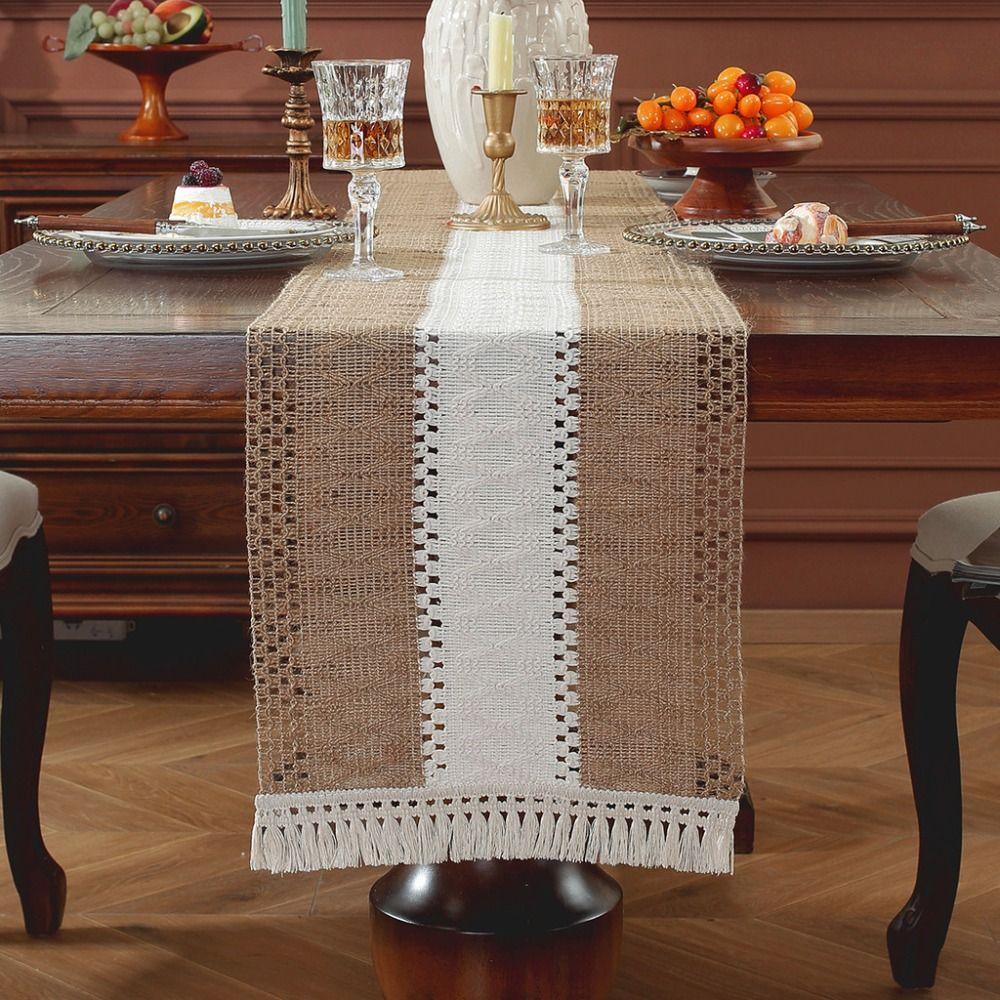 American Style Cotton and Linen Table Runner Rustic Solid Color Festival Dining Table Cover Rectangular with Tassel Tablecloth