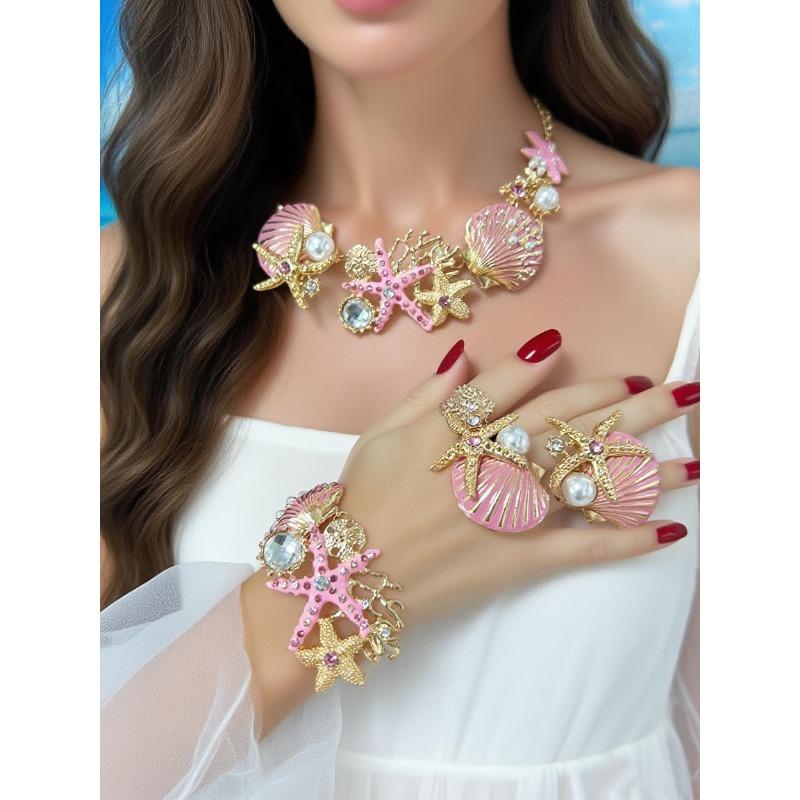 Island style beach starfish vacation four-piece set chain alloy diamond-encrusted bohemian shell jewelry