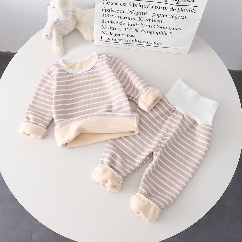 Children's Warm Striped High-Waist Underwear Set for Spring and Autumn - Plus Velvet for Babies, Toddlers, and Kids