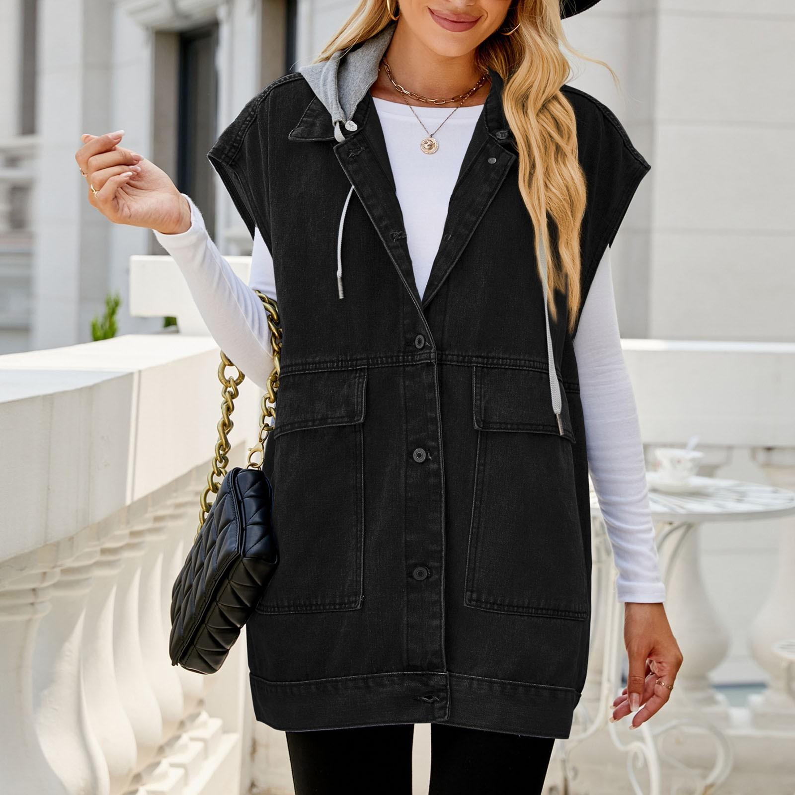 

Женская повседневная свободная винтажная джинсовая жилетка с капюшоном XL чёрный