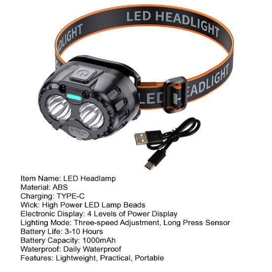 LED Headlamp 90-Degree Adjustable Motion Sensor Rechargeable Waterproof Outdoor Camping Headlamp Emergency Light