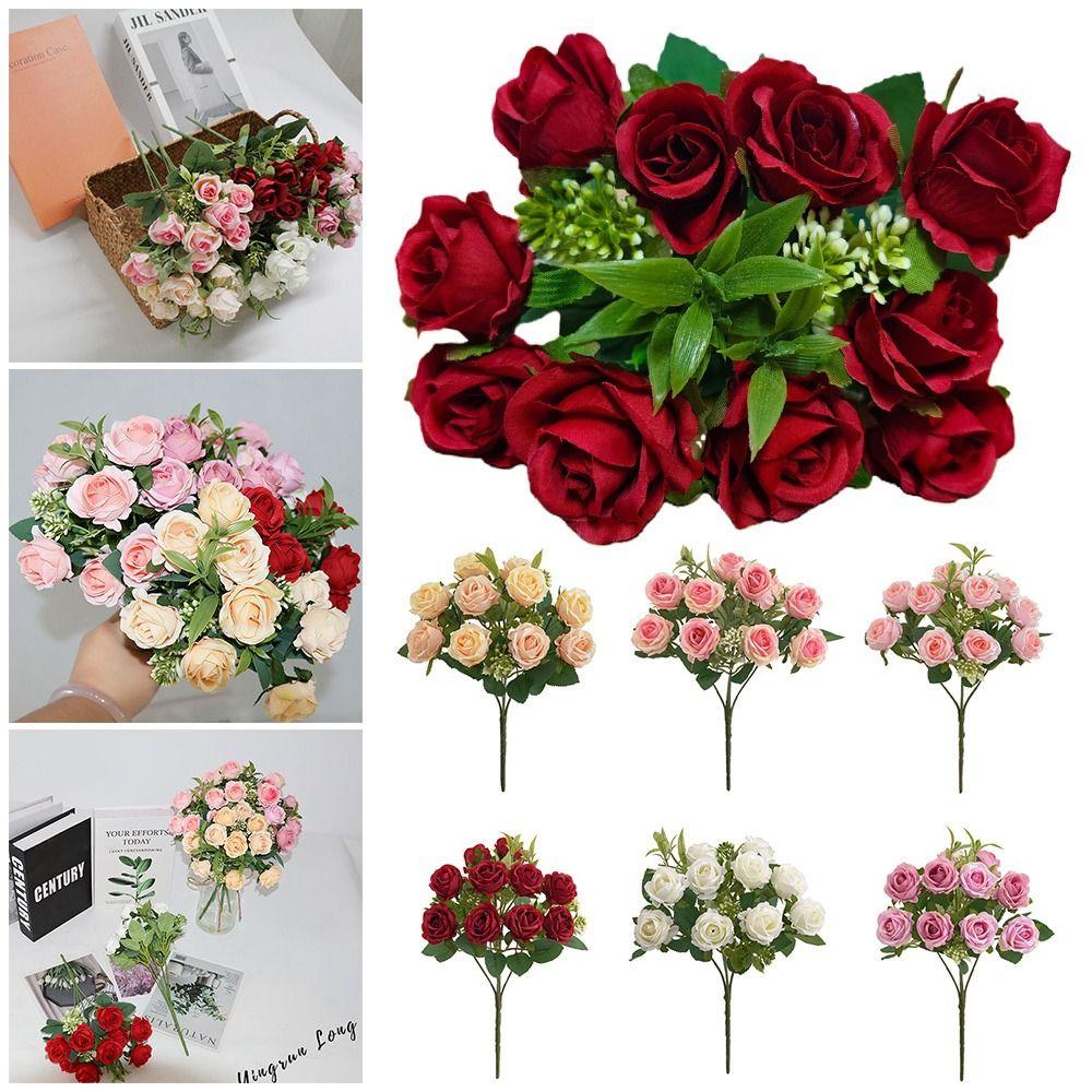 10 Heads Rose Artifcial Flower Multicolor Green Leaves Simulation Rose Flower DIY Photo Props Floral Arragement Home Decoration