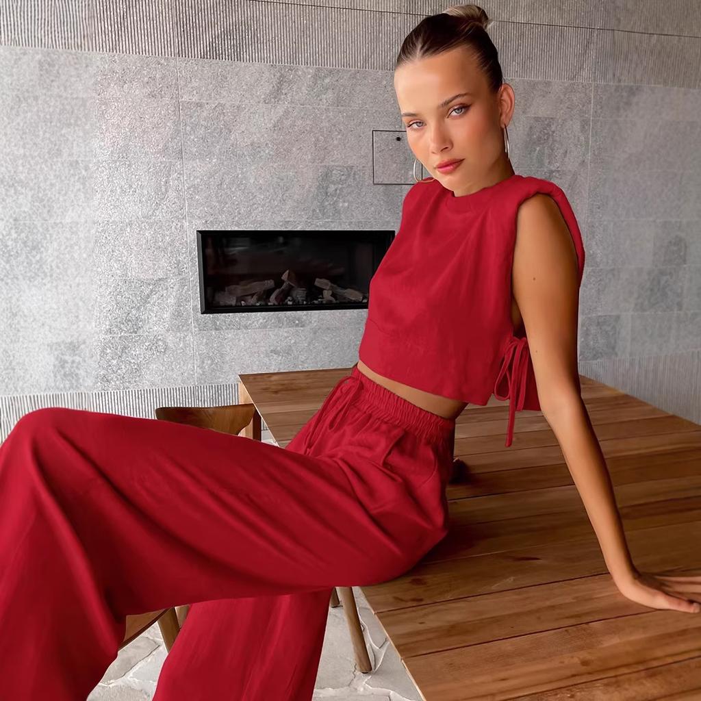 Fashion Cotton and Linen Suit Women's Clothing 2025 Summer New Shoulder Pads Sleeveless Top Trousers Two-piece Set European and American Casual